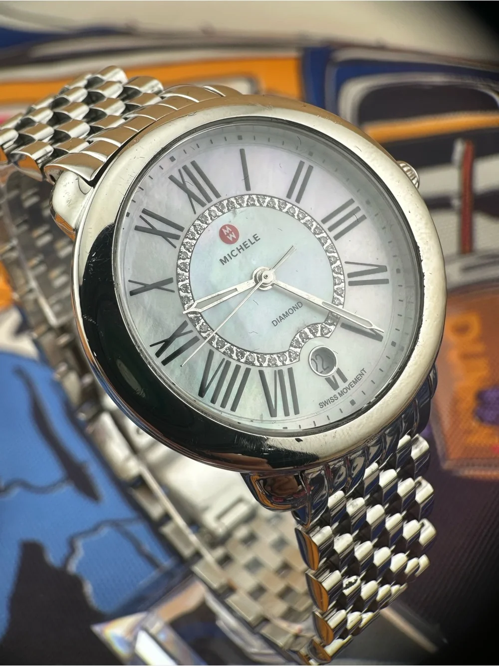 Michele Silver Stainless Steel Diamond Accent Watch with Mother-of-Pearl Dial